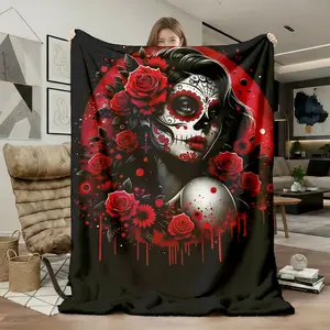 Dia de los Muertos Skull Lady Red Roses Flannel Blanket, Super Soft Cozy Warm Lightweight No-Shedding Throw for Sofa Bed Office Car Travel Camping Picnic Decor, Adult Men Women Couples Holiday Bir
