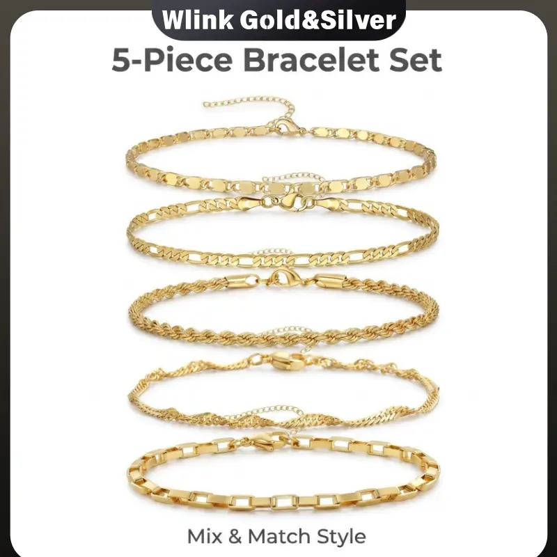 Fashion Gold Plated Stackable Bracelets Set for Women, 5 Different Chain Designs Figaro Paperclip Rope Thin Chain Bracelets, Anti-Tarnish Shiny Gold Adjustable Lobster Clasp Layering Jewelry Gift for Daily Party