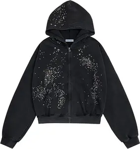 Star Rhinestone Zip Up Hoodies Womens Mens Casual Hooded Jackets Unisex Loose Crystal Y2K Pocket Sweatshirts