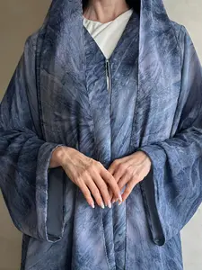 Women's Fashionable Middle Eastern Muslim Tie-Dye Print Spring Summer Casual Long Sleeve Coat Robe Elegant Dress, No Headscarf Included