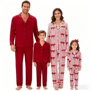Kupretty Christmas Family Matching Pajamas Set Lapel Neck Button-up Bow Striped Long Sleeve Tops Long Pants Sets Couples Christmas Holiday Jammies
