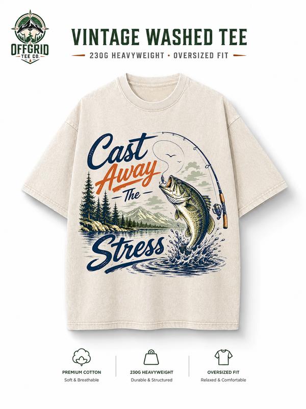 Men's Pure Cotton Loose Oversized Round Neck Short-Sleeve T-Shirt - Retro Bass Fish Landscape Print, Machine Washable, Casual Top, Father’s Day Gift for Fishing Enthusiasts, Lakeside Outdoor Wear