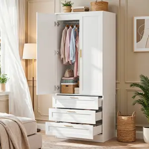 Armoire Wardrobe Closet with 3 Drawers, 71" Tall Bedroom Storage Cabinet with Hanging Rod, 20" Extra Deep Wardrobe with Soft-Close Doors & Metal Handles