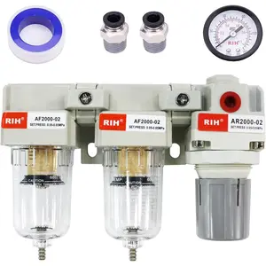 DFR-02 1/4'' NPT Compressed Air Double Filter & Regulator, Air Drying System, Air Compressor Water Separator, Semi-Auto Drain, Poly Bowl, 0-150 psi Gauge, 5 Micron Brass Element