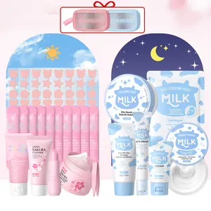 Sakura & Milk Skincare Set, 2 Bags  Day & Night Skincare Kit, Daily Cleansing , Mask, Hand Wax, Face Cream, Exfoliating Scrub, Suncreen, Pimple Patch, Lip Balm, After Sun Gel,Hydrating Soothing, Moisturizing Skin Care Kit for Women & Girl, Best Gift Ideas
