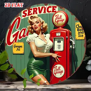 1pc 2D Plane Retro Girl Gas Station Metal Sign - Service Text Retro Garage Wall Decoration, Green and Red Mixed - Heavy Aluminum Round Artwork (7.87x 7.87inch ) - No Wiring Required - Medieval Modern Decoration Suitable for Man Cave, Restaurant, Garage -