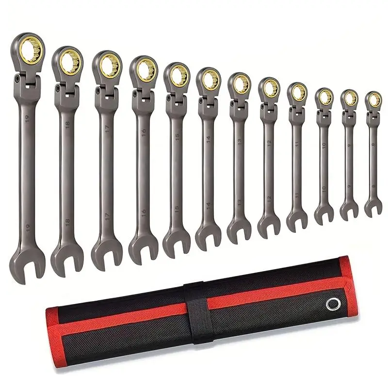 180° Pivoting Head Ratcheting Combination Wrench Set, 72-teeth CR-V Constructed Dual-use Ratchet Wrench Set, Nickel Plating Wrench Set with Organizer