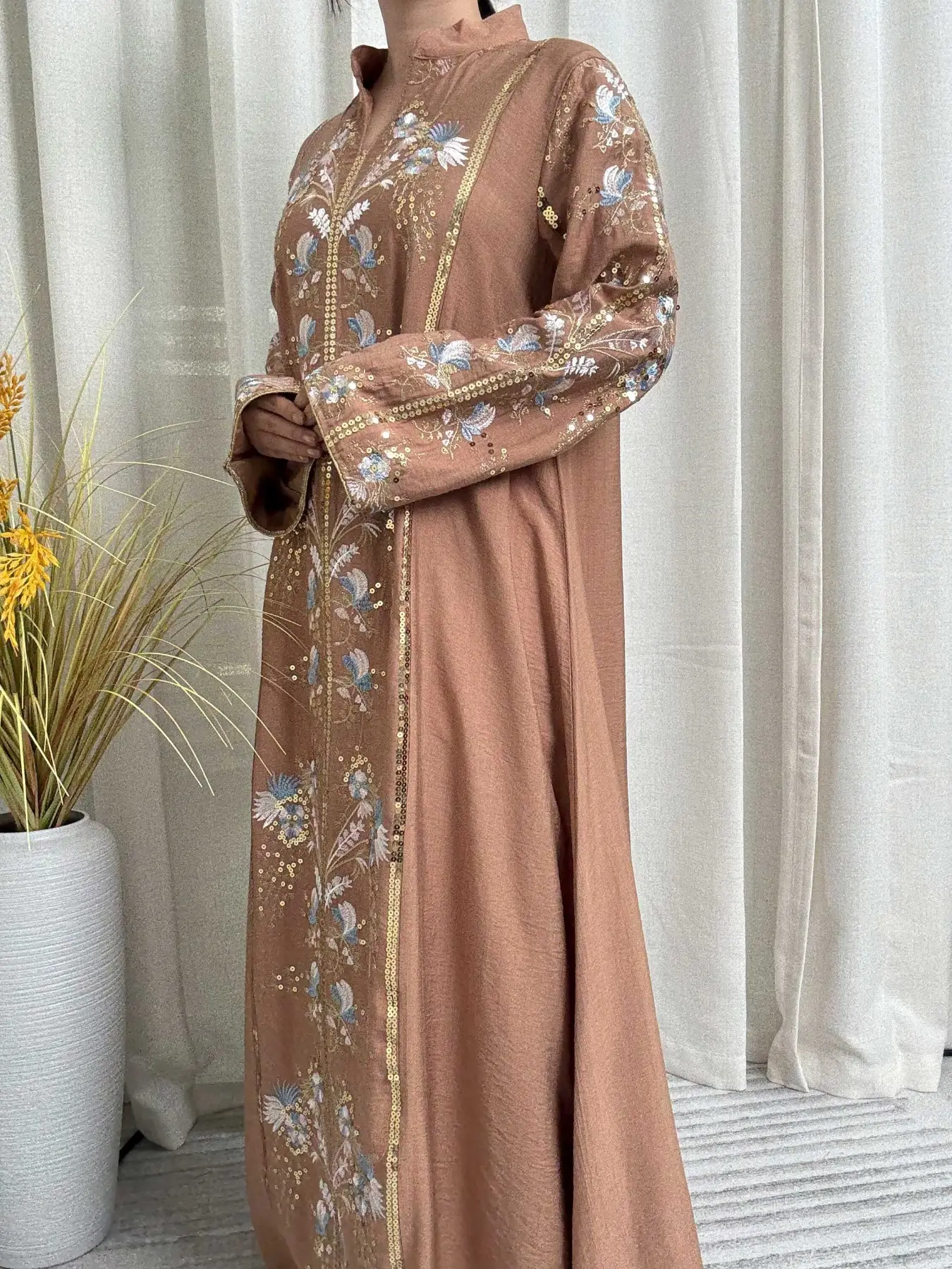 Women's Elegant Loose-Fit Abaya Dress, High-Quality Embroidered Beaded Fabric, All-Season Woven Clothing, Perfect for Special Occasions
