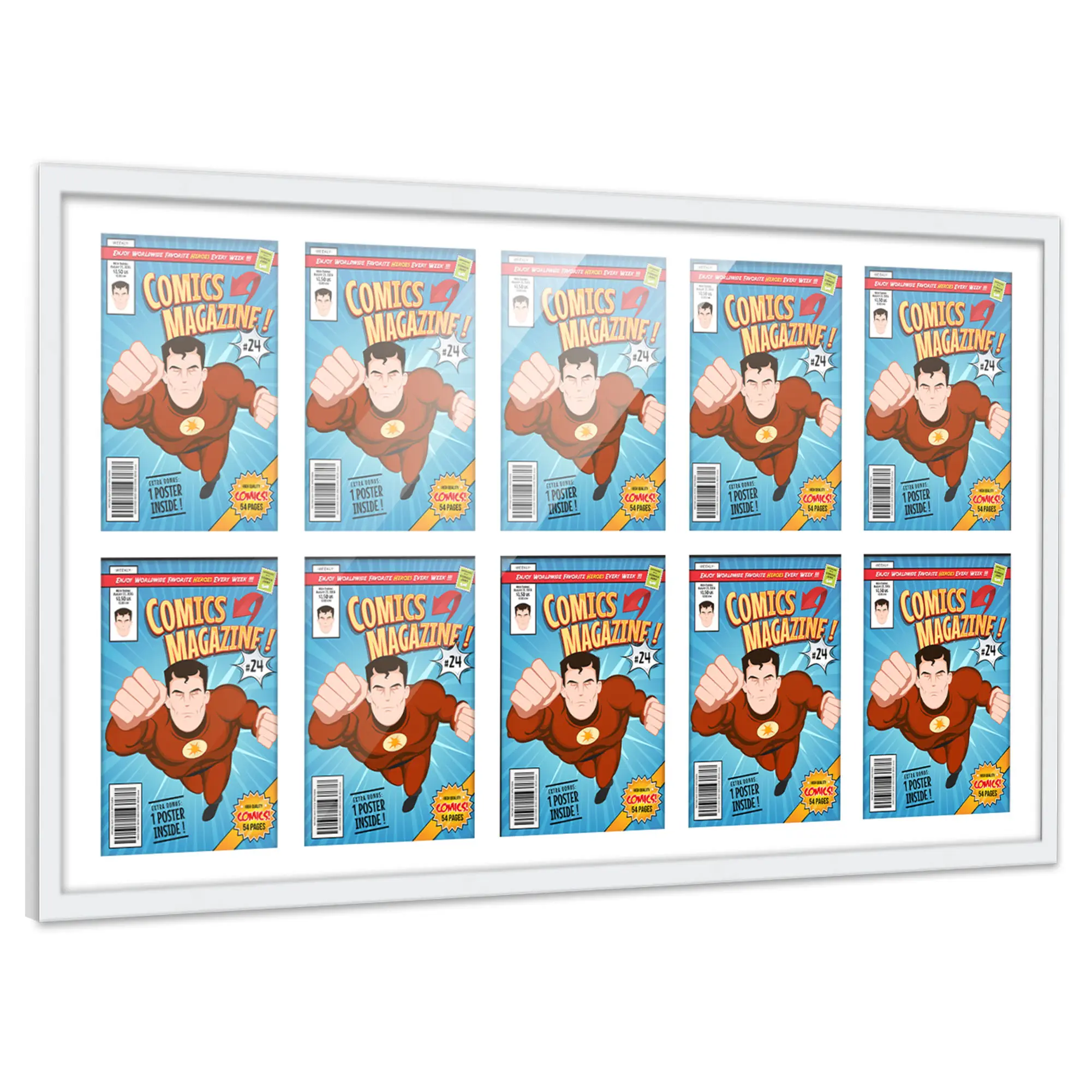 Comic Book Frame with Mat for 10 Current Era Comics Published After 1985 - White Wood Comic Frame With White Mat for 6.875x10.5 Comics - 44x25.75 Frame Size