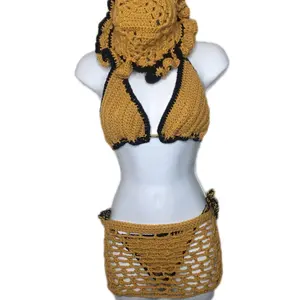 Crochet Full Beach Set with Ruffle Hat Womenswear Bikini Chic Comfortable Suits