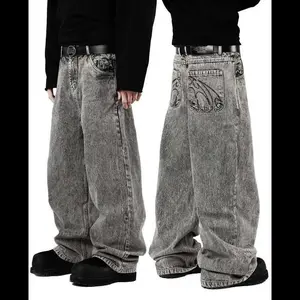 High Street Retro Street Harajuku Hip Hop Embroidered Washed Loose Straight Leg Jeans for Men and Women