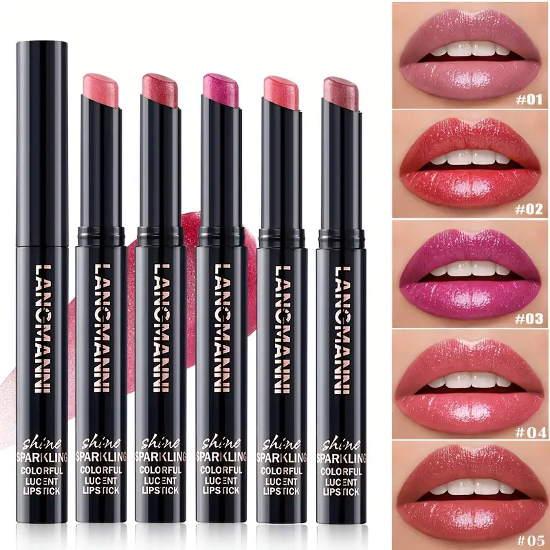 5 Color Pearl Glitter Lipstick Set Cosmetic Non Stick To Cup Moisturizing Lip Tint Smooth Easy To Apply Lip Glossy Metallic Shine Long Lasting Makeup