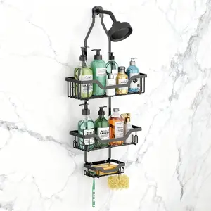 Shower Caddy Hanging, 3 Tier Rustproof Shower Organizer, Shower Rack with Baskets/Soap Basket, Hooks for Razor/Sponge, No Drilling Bathroom Organizer Over Showerhead - Black