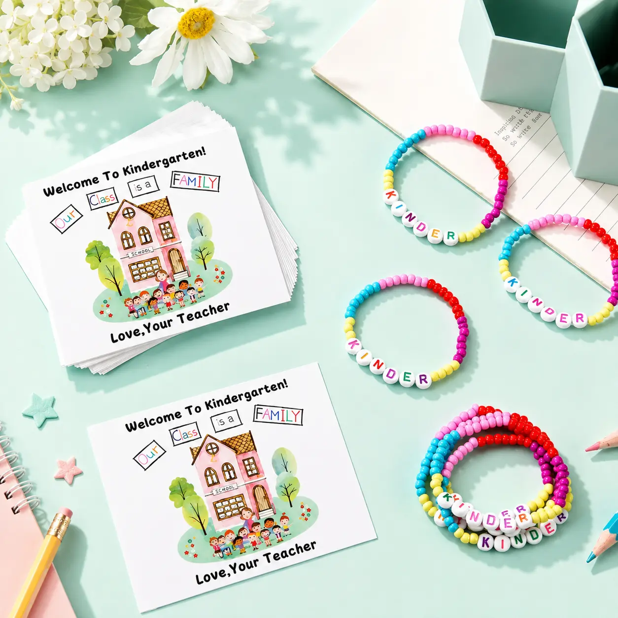 25-Pieces Friendship Set, Colorful Beads Bracelets with "Our Class Is a Family" Matching Cards & Organza Bags, Back to School Classroom Gifts for Elementary Students