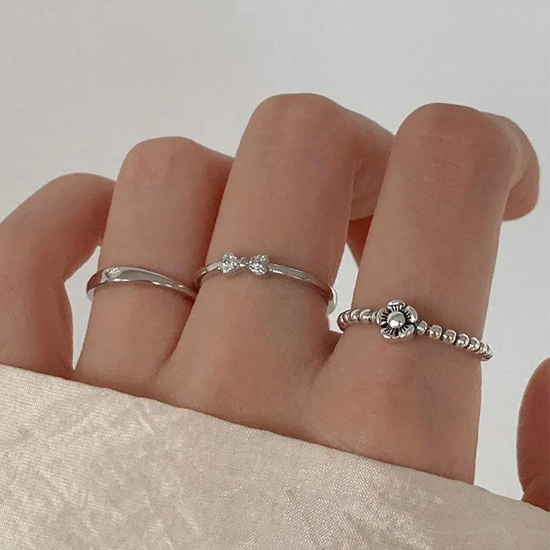 VENTFILLE 925 Sterling Silver Ring for Women Girl Gift Flower Bow Love Combination Ins Niche Jewelry