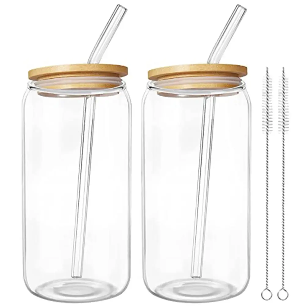 Eco-Friendly Single Layer Cup with Bamboo Lid & Glass Straws Includes Cleaning Brushes for Sustainable Living Drinkware Set