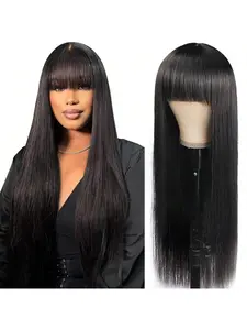 180 Density Straight Put On & Go Wig Human Hair Wig With Bangs Full Machine Wig With Bangs None Lace Glueless Wigs For Women