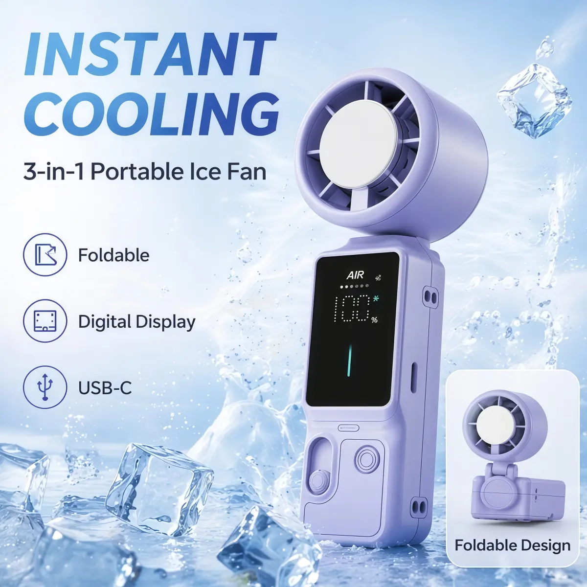 3 In 1 Portable Active Cooling Fan, 16000 RPM Personal Mini Cooler, 100 Variable Speed Touch LED Display, Universal Type-C Power Supply, Detachable Neck Strap & Foldable Stand, Handheld Cooling Fan For Travel Office Outdoor Camping Beach Daily Use