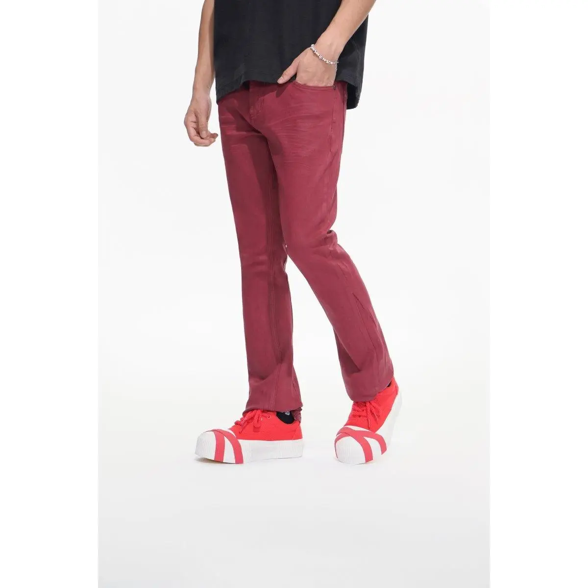 Men's Burgundy Stacked Waxed Jeans - Modern Streetwear Fit with a Coated Finish, Ankle Length Pants for Casual Wear (VLBS-VJ3-1005), Sneakers