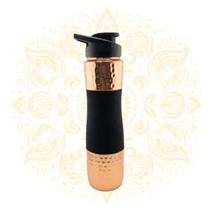 Hammered Copper Water Bottle 1000 ml with Anti Slip Grip and Flip Top Lid
