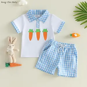 Easter Two-Piece Outfit for Toddler Boys - Carrot Embroidered Plaid Collar Polo Shirt + Blue Plaid Elastic Waist Shorts, Cute Summer Easter Outfit for Infants and Toddlers (1-5 years old)