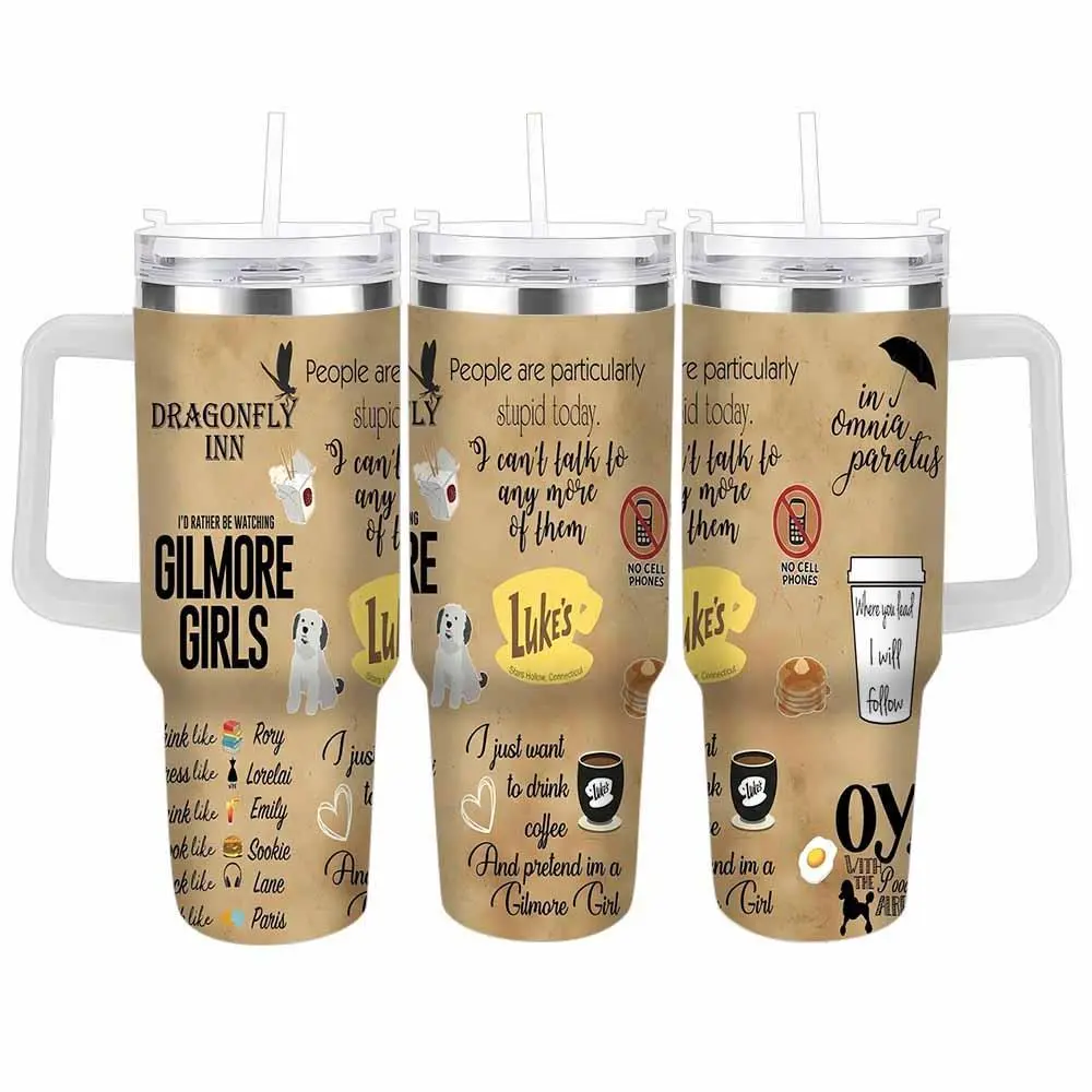 Gilmore Girls Coffee Quotes Car Cup (40oz/30oz/20oz) Retro Café Print Funny Sayings Design Durable Stainless Steel Tumbler Insulated Travel Mug Perfect for Coffee Lovers Office Desk Road Trip and Holiday Gift summerwins