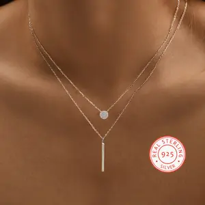 Elegant 925 Sterling Silver Double-Layered Necklace with Round Cubic Zirconia Pendant - Y-Shape, Perfect for Everyday & Party Wear