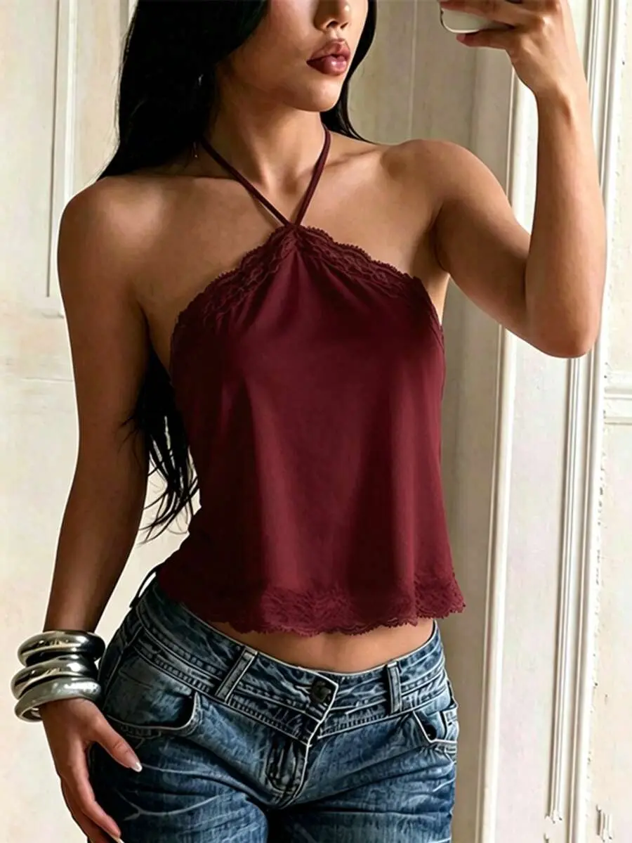 Summer Top, Minimalist Lace Trim Patchwork Halter Top, Going Out, Date, Vacation, Travel,Tops,Satin, Date Night!!