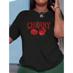 Plus Size Cherry & Letter Print Round Neck Tee, Trendy Casual Short Sleeve Crew Neck T-Shirt for Summer, Women's Plus Clothing for Daily Wear
