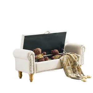 Furnimart Storage Ottoman Bench for Queen Size Bed Faux Linen Upholstered with Rolled Arms 2.5Cubic Feet Accent Bench for Bedroom Living Room Entryway