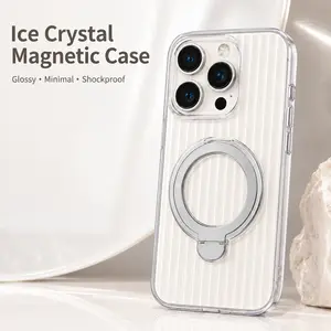 Ice Crystal Gloss Magnetic iPhone 17 Pro Max Case, Wave-Textured Shockproof Cover with Foldable Kickstand