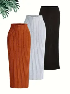 Women's Solid Color Skirt, Casual Fashion Long Skirt for Daily Outdoor Wear, Women Knitwear for Fall & Winter
