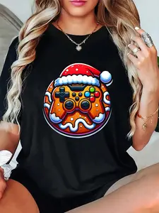 100% Cotton Unisex Christmas Gamer Boys Video Games Santa Controller Xmas Funny T-Shirt, Autumn Women's T-shirt Christmas Happy Letter Snowflake Fun Pattern 1