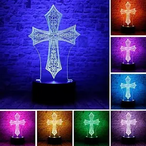 Christ Jesus Cross 3D Optical Illusion LED Bedroom Decor Table Lamp with Remote 7/16 Colors Sleep Night Light Birthday Easter Christian Gifts for Religious Women Men Kids Commemorate Present