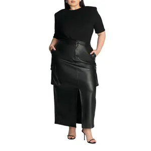 ELOQUII Women's Plus Size Maxi Cargo Faux Leather Skirt