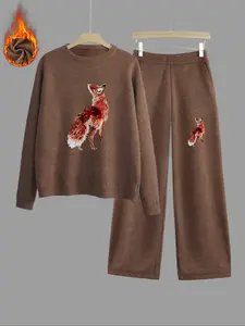 Women's Fall Winter Fox Print Thick Knit Sweater Set, Loose Fit Round Neck Long Sleeve Top High Waist Straight Leg Pants Two-Piece Suit