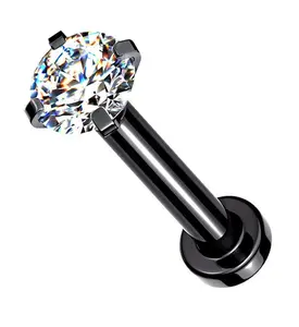 Black PVD Internally Threaded Clear CZ Prong Mini Disc Labret