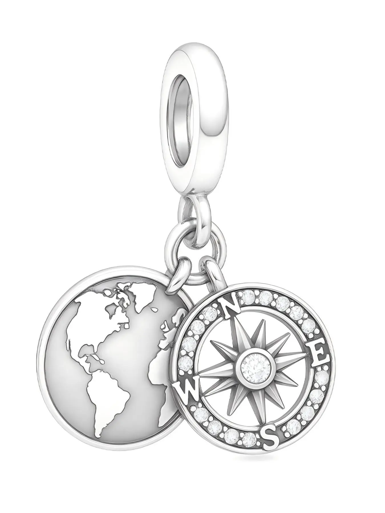 Copper Plated Silver Color Compass Map Pendant Zircon Inlaid Travel Charm, Geometric Style, Suitable for All Seasons