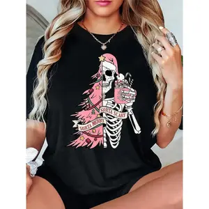 Women's Pink Christmas Skeleton Mermaid Graphic T-Shirt - "Sorta Merry Sorta Scary" Crew Neck Short Sleeve Top, Medium Stretch Machine Washable Casual Holiday Tee for Spring/