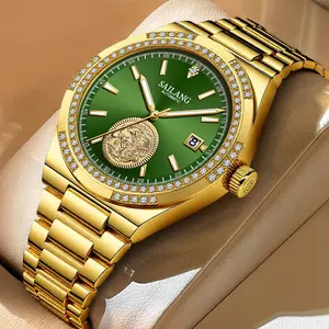 Elegant Green Automatic Mechanical Watch, Golden-Tone Rhinestone Case, Alloy Band, Luminous Green Dial with Date Display, Perfect fashion wrist watches for women