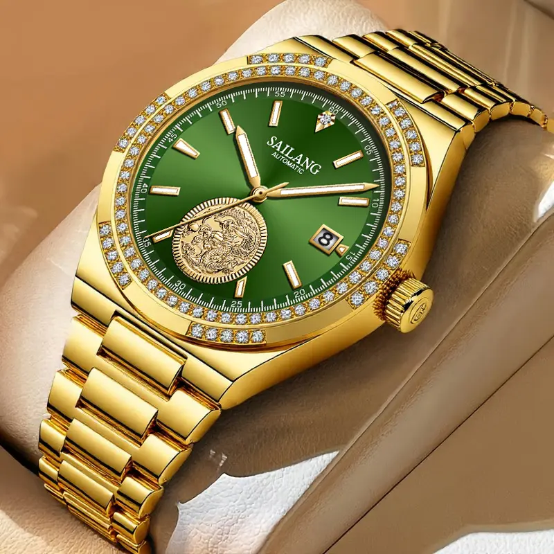 Women's Elegant Mechanical Watch with Automatic Movement, Golden-Tone Rhinestone Case, Luminous Green Classic Round Dial with Date Display, Alloy Band, Analog Mechanical Watches, Accessories For Women, Automatic Mechanical Wrist Watches