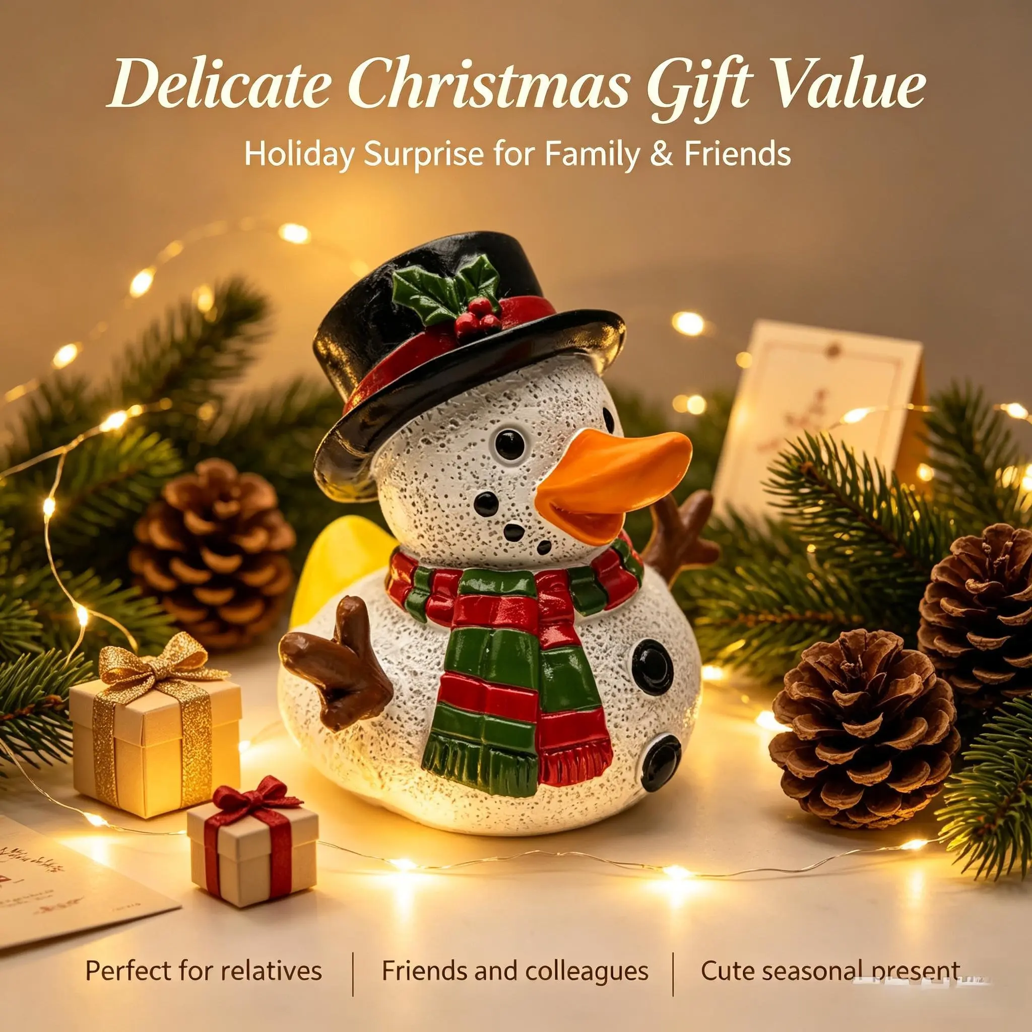 Plastic Synthetic Resin Cute Snowman Duck Ornament - Smooth Statue with Hat, Scarf, Holly for Winter Table, Room Decor, Christmas Home Accent & Holiday Gift