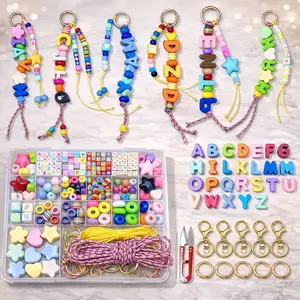 328Pcs DIY Beaded Keychain Making Kit Chunky Letter Beads Craft Set for Bag Charms Birthday Gifts