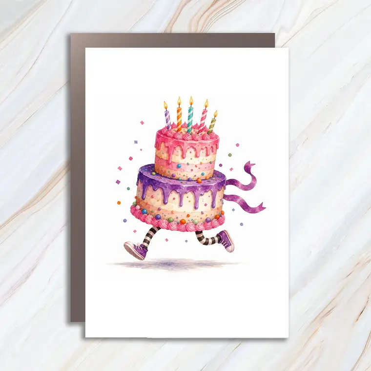 Whimsical Birthday Cake Greeting Card, Running Cake Card With Candles, Colorful Party Dessert Card For Birthday C1039