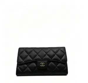 Pre-owned CHANEL H5 classic diamond check long wallet, black caviare cowhide (lychee pattern)h17830