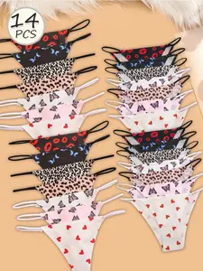 [Ship from USA] LangLey Women's Printed Polyester Lingerie Multi-Pack Set - 14 Random Seamless, Breathable, Comfortable Colorful Graphic, Lightweight Thongs, Briefs or Panties, Colorful Graphic Thongs, Breathable Thongs