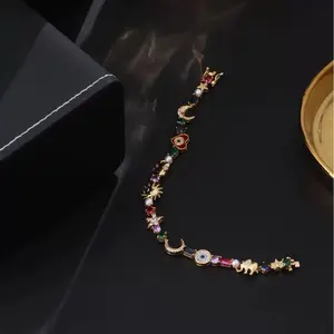 Gold-Plated Pendant Bracelet for Women Devil's Eye Lucky Elephant Moon Star Colorful Zircon Bohemian Style Jewelry Gift for Her 0.2g Lightweight Accessory