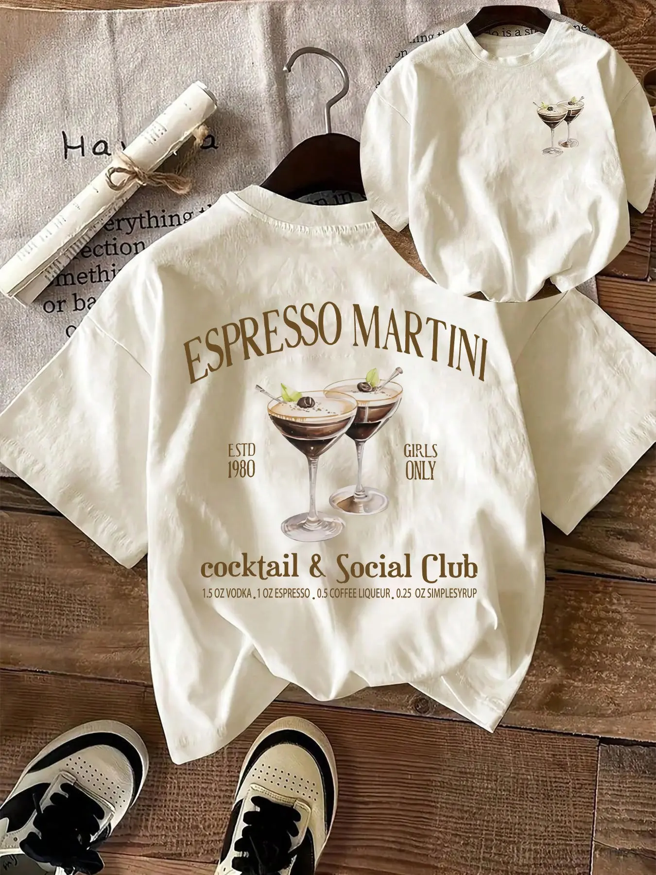 Women's Espresso Martini Cocktail Print Round Neck Tee, Casual Short Sleeve Loose T-shirt for Daily Wear, Ladies Sleepwear for Fall, Top, Womenswear, Casual Tee Shirts