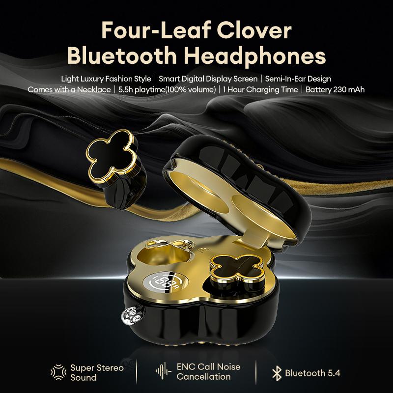 PAXA YX66 Four-Leaf Clover Wireless Earbuds with Bluetooth 5.4, Stable Connection, ENC Call Noise Cancellation, Super Stereo Sound, Luxury Retro Jewelry-Style Design for Women, Elegant Charging Case, Compatible with Android & iOS, Ideal Gift for Girls