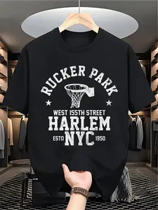 Men's Heavyweight 100% Cotton Basketball T-Shirt - Vintage Harlem NYC & Rucker Park Graphic, Harlem 1920-1960 Print, Preshrunk Crew Neck Streetwear Tee for Casual Wear, Sports, Harlem Culture Gift (Sizes S-XXXL)
